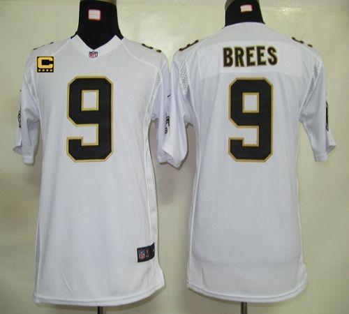Saints #9 Drew Brees White With C Patch Youth Stitched Elite Jersey