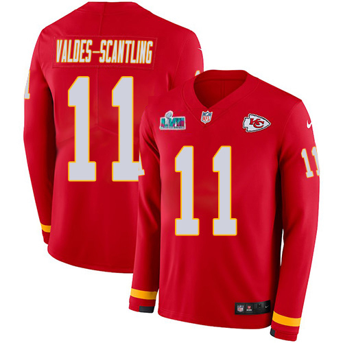 Chiefs #11 Marquez Valdes-Scantling Red Team Color Super Bowl LVII Patch Men's Stitched Limited Therma Long Sleeve Jersey
