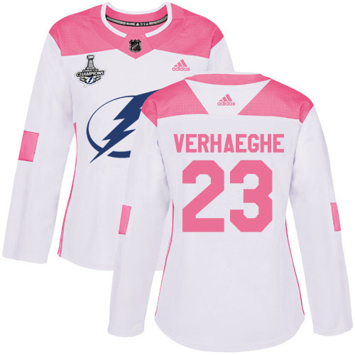 Adidas Tampa Bay Lightning #23 Carter Verhaeghe White/Pink Authentic Fashion Women's 2020 Stanley Cup Champions Stitched Jersey Womens
