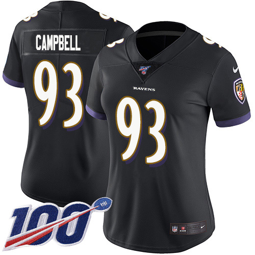Baltimore Ravens #93 Calais Campbell Black Alternate Women's Stitched 100th Season Vapor Untouchable Limited Jersey Womens