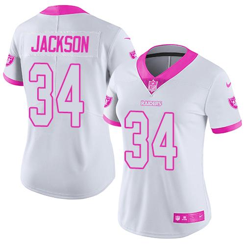 Raiders #34 Bo Jackson White/Pink Women's Stitched Limited Rush Fashion Jersey