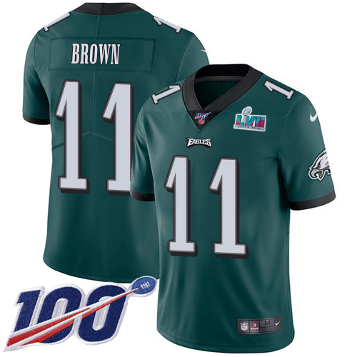 Eagles #11 A.J. Brown Green Team Color Super Bowl LVII Patch Youth Stitched 100th Season Vapor Untouchable Limited Jersey