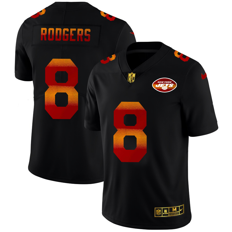 New York Jets #8 Aaron Rodgers Men's Black Red Orange Stripe Vapor Limited Jersey