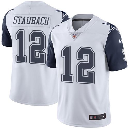 Cowboys #12 Roger Staubach White Men's Stitched Limited Rush Jersey