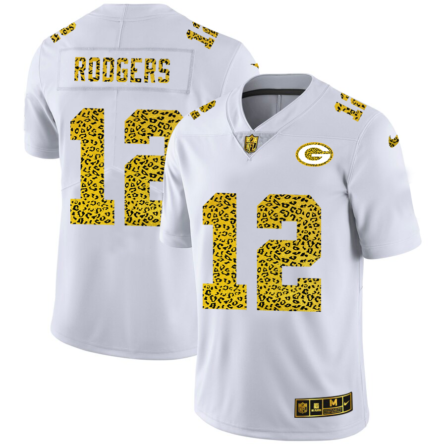 Green Bay Packers #12 Aaron Rodgers Men's Flocked Leopard Print Vapor Limited Jersey White