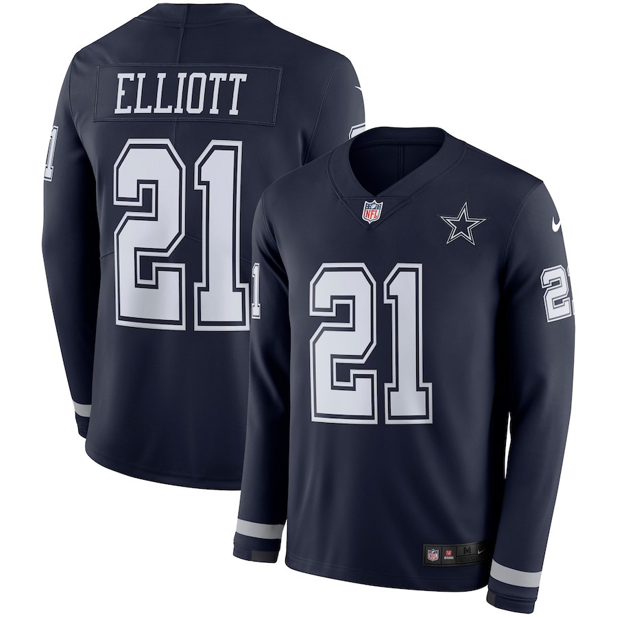 Men's Cowboys #21 Ezekiel Elliott Navy Blue Team Color Men's Stitched Limited Therma Long Sleeve Jersey
