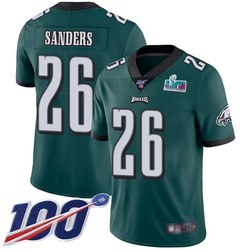 Eagles #26 Miles Sanders Green Team Color Super Bowl LVII Patch Men's Stitched 100th Season Vapor Limited Jersey