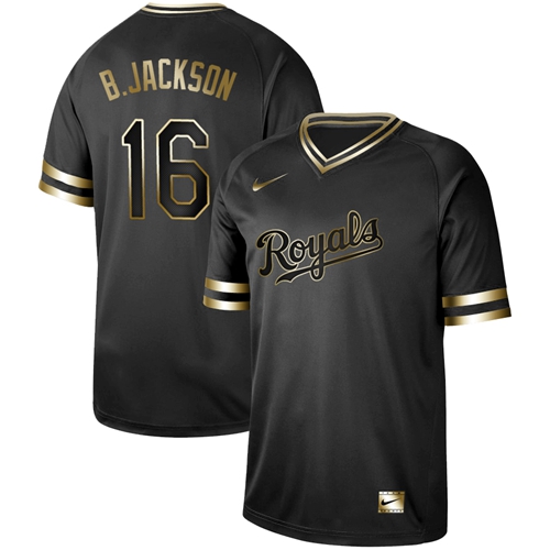 Kansas City Royals #16 Bo Jackson Black Gold Authentic Stitched Jersey Men's