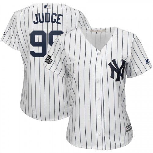 New York New York Yankees #99 Aaron Judge Majestic Women's 2019 London Series Cool Base Player JerseyWhite Navy Womens