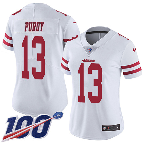 49ers #13 Brock Purdy White Women's Stitched 100th Season Vapor Limited Jersey