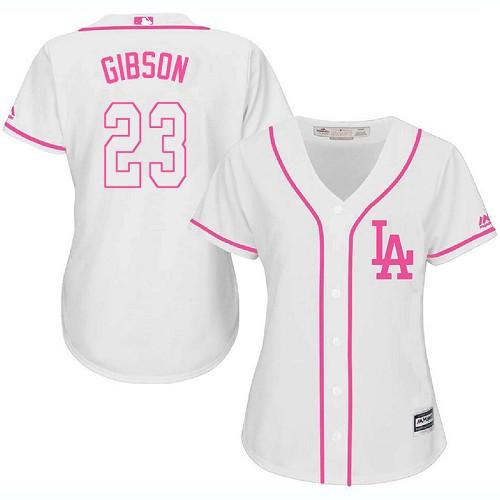 Los Angeles Dodgers #23 Kirk Gibson White/Pink Fashion Women's Stitched Jersey Womens