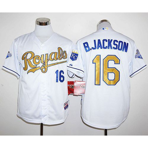 Kansas City Royals #16 Bo Jackson White 2015 World Series Champions Gold Program Stitched Jersey Men's