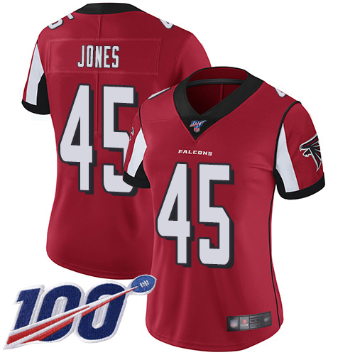 Atlanta Falcons #45 Deion Jones Red Team Color Women's Stitched 100th Season Vapor Limited Jersey Womens
