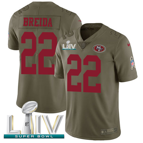 San Francisco 49ers #22 Matt Breida Olive Super Bowl LIV 2020 Youth Stitched Limited 2017 Salute To Service Jersey Youth