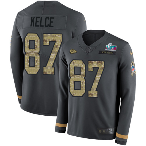 Chiefs #87 Travis Kelce Anthracite Super Bowl LVII Patch Salute To Service Men's Stitched Limited Therma Long Sleeve Jersey