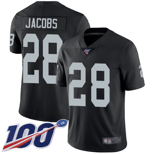 Raiders #28 Josh Jacobs Black Team Color Youth Stitched 100th Season Vapor Limited Jersey
