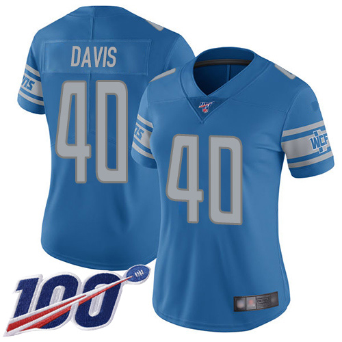 Detroit Lions #40 Jarrad Davis Blue Team Color Women's Stitched 100th Season Vapor Limited Jersey Womens