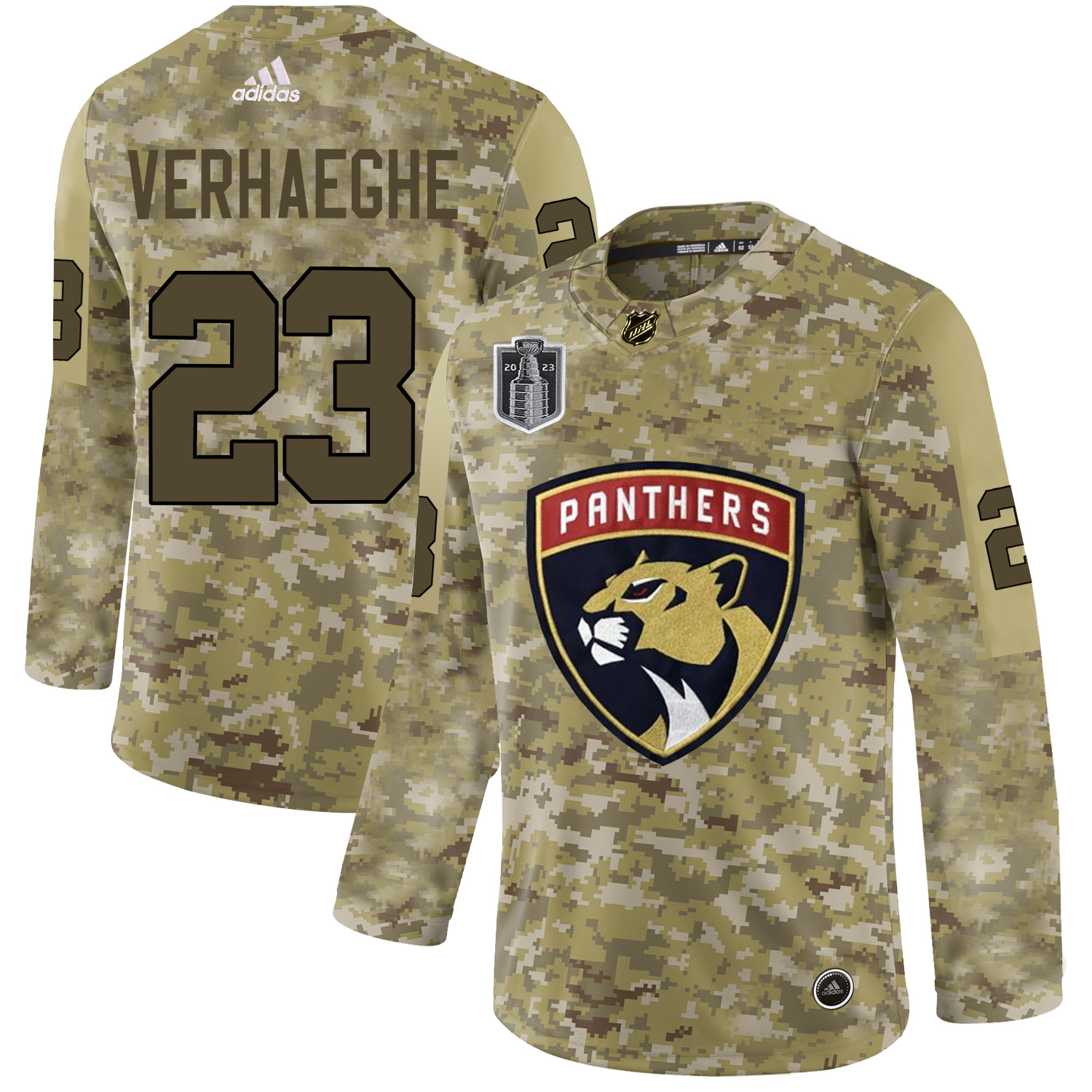 Adidas Panthers #23 Carter Verhaeghe Camo 2023 Stanley Cup Final Patch Authentic Veterans Day Stitched Jersey
