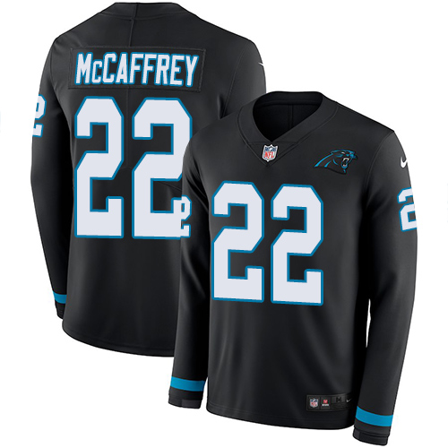 Carolina Panthers #22 Christian McCaffrey Black Team Color Youth Stitched Limited Therma Long Sleeve Jersey Youth
