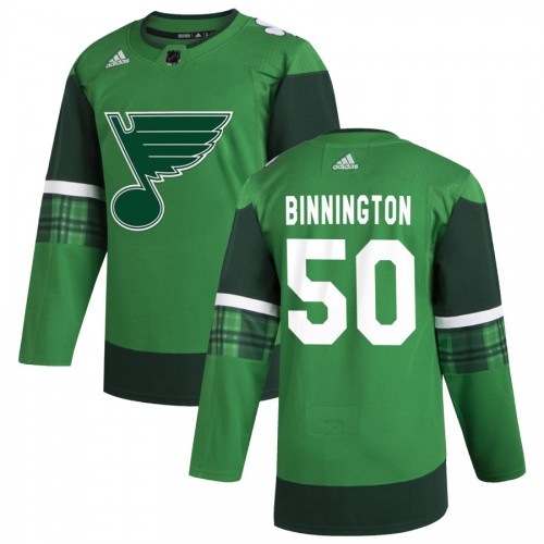 St. Louis St. Louis Blues #50 Jordan Binnington Men's Adidas 2020 St. Patrick's Day Stitched Jersey Green Men's