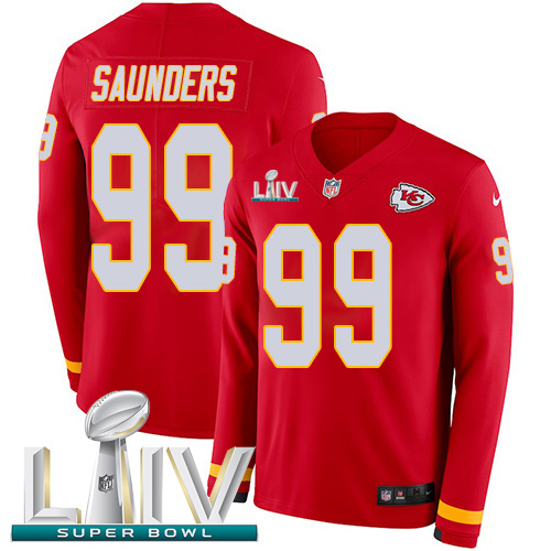 Kansas City Chiefs #99 Khalen Saunders Red Super Bowl LIV 2020 Team Color Men's Stitched Limited Therma Long Sleeve Jersey Men's