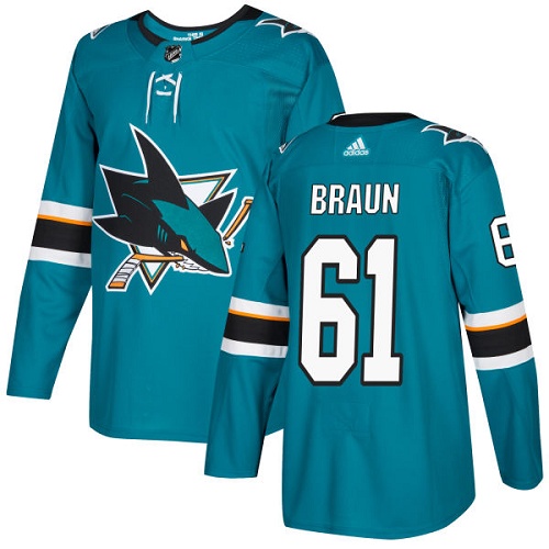 Adidas San Jose Sharks #61 Justin Braun Teal Home Authentic Stitched Jersey Men's