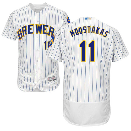 Milwaukee Brewers #11 Mike Moustakas White Strip Flexbase Authentic Collection Stitched Jersey Men's