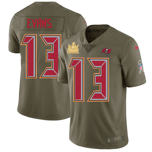 Buccaneers #13 Mike Evans Olive Men's Super Bowl LV Champions Patch Stitched Limited 2017 Salute To Service Jersey