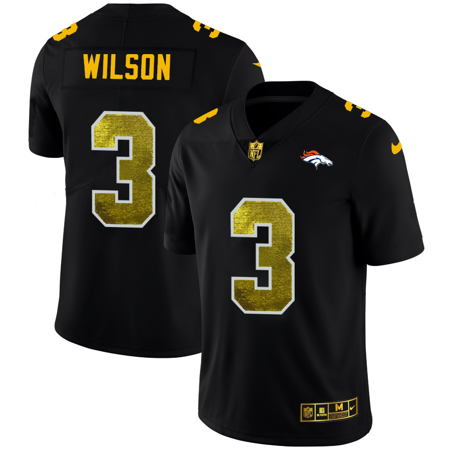 Denver Broncos #3 Russell Wilson Men's Black Golden Sequin Vapor Limited Jersey