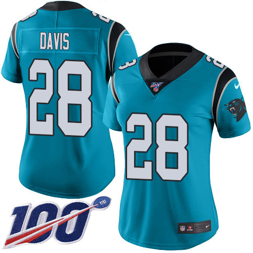 Carolina Panthers #28 Mike Davis Blue Alternate Women's Stitched 100th Season Vapor Untouchable Limited Jersey Womens