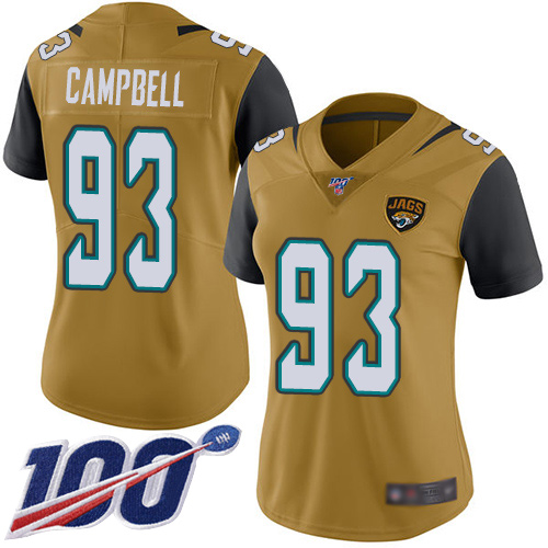 Jacksonville Jaguars #93 Calais Campbell Gold Women's Stitched Limited Rush 100th Season Jersey Womens