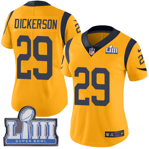Rams #29 Eric Dickerson Gold Super Bowl LIII Bound Women's Stitched Limited Rush Jersey