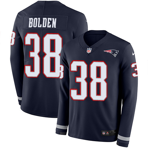 New England Patriots #38 Brandon Bolden Navy Blue Team Color Men's Stitched Limited Therma Long Sleeve Jersey Men's