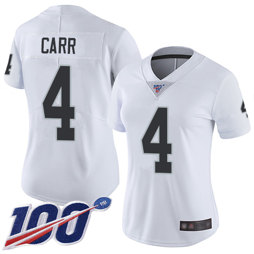 Raiders #4 Derek Carr White Women's Stitched 100th Season Vapor Limited Jersey