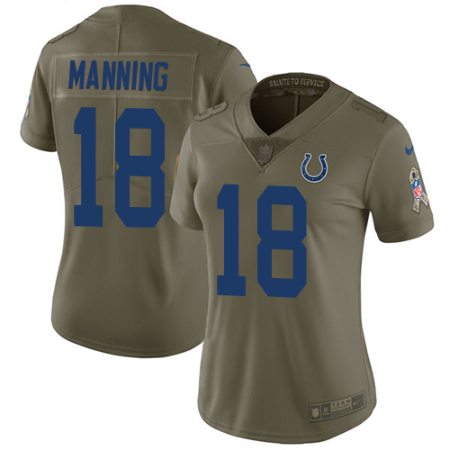 Indianapolis Colts #18 Peyton Manning Olive Women's Stitched Limited 2017 Salute to Service Jersey Womens