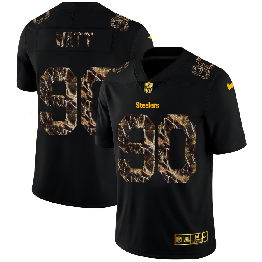 Pittsburgh Steelers #90 T.J. Watt Men's Black Flocked Lightning Vapor Limited Jersey