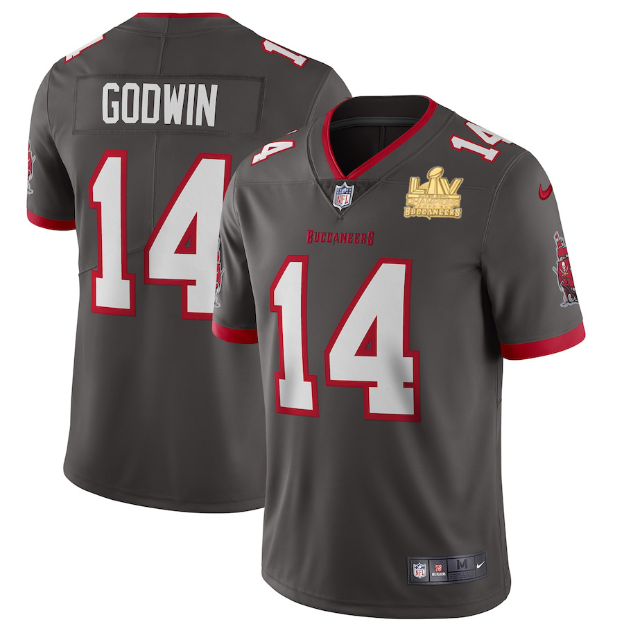 Tampa Bay Buccaneers #14 Chris Godwin Men's Super Bowl LV Champions Patch Pewter Alternate Vapor Limited Jersey