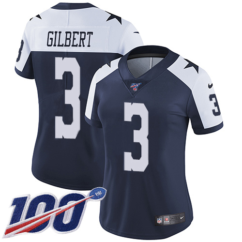 Dallas Cowboys #3 Garrett Gilbert Navy Blue Thanksgiving Women's Stitched 100th Season Vapor Throwback Limited Jersey Womens