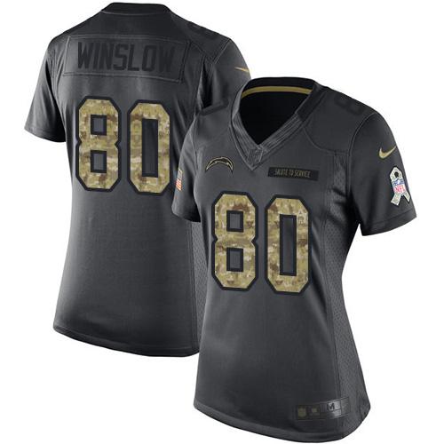 Los Angeles Chargers #80 Kellen Winslow Black Women's Stitched Limited 2016 Salute to Service Jersey Womens