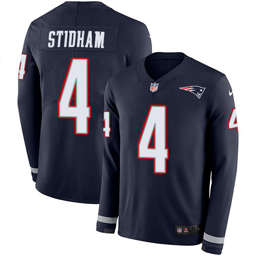 New England Patriots #4 Jarrett Stidham Navy Blue Team Color Men's Stitched Limited Therma Long Sleeve Jersey Men's