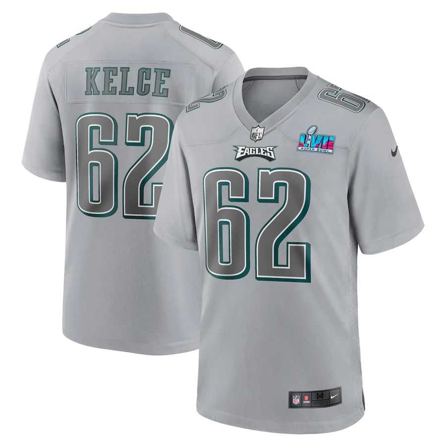 Philadelphia Eagles #62 Jason Kelce Youth Super Bowl LVII Patch Atmosphere Fashion Game Jersey - Gray