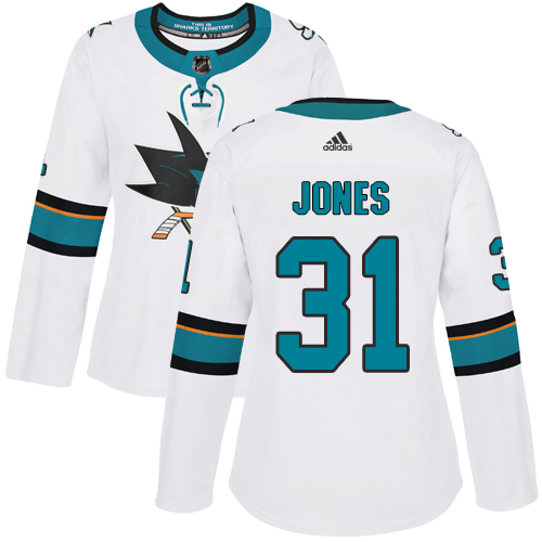 Adidas San Jose Sharks #31 Martin Jones White Road Authentic Women's Stitched Jersey Womens