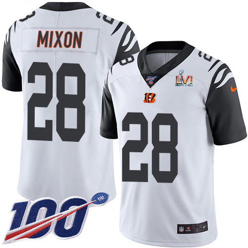 Bengals #28 Joe Mixon White Super Bowl LVI Patch Men's Stitched Limited Rush 100th Season Jersey