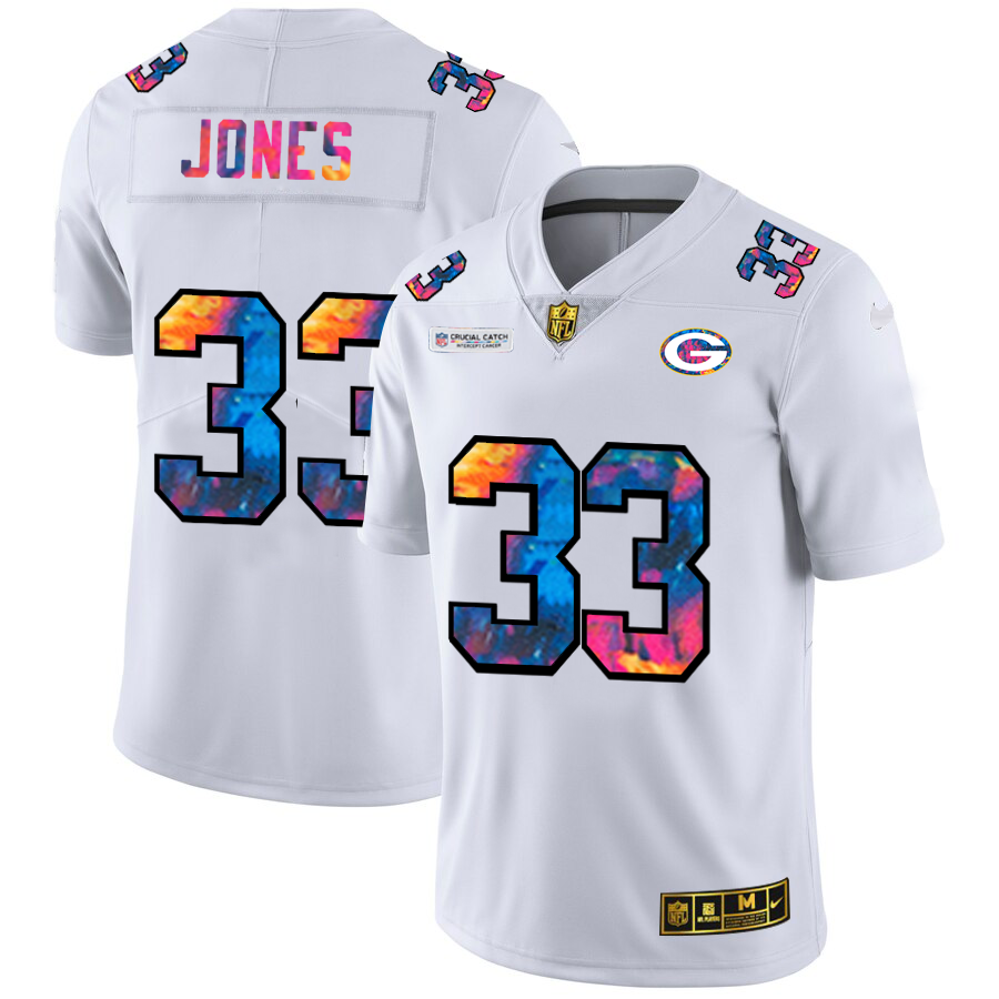 Green Bay Packers #33 Aaron Jones Men's White Multi-Color 2020 Crucial Catch Limited Jersey
