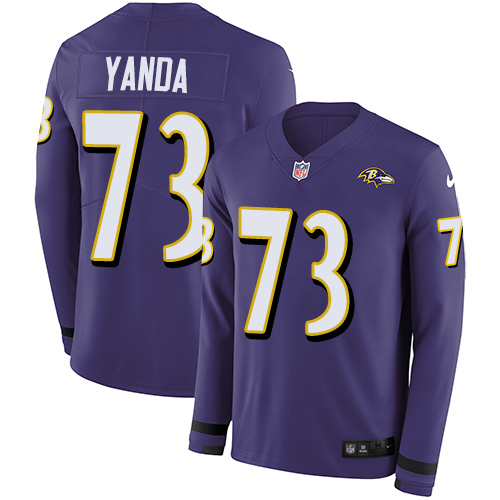 Baltimore Ravens #73 Marshal Yanda Purple Team Color Men's Stitched Limited Therma Long Sleeve Jersey Men's