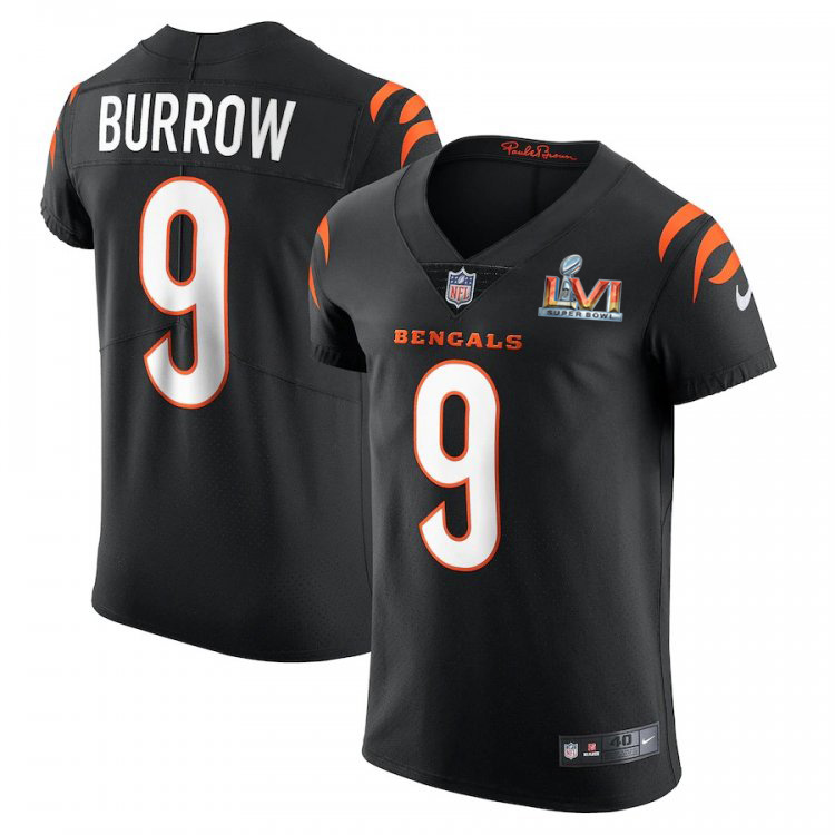 Cincinnati Bengals #9 Joe Burrow Black Super Bowl LVI Patch Men's Vapor Elite Jersey