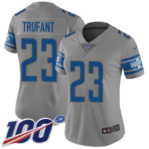 Detroit Lions #23 Desmond Trufant Gray Women's Stitched Limited Inverted Legend 100th Season Jersey Womens