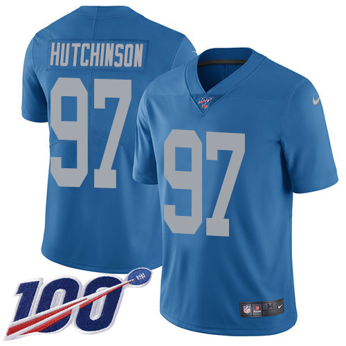 Lions #97 Aidan Hutchinson Blue Throwback Youth Stitched 100th Season Vapor Untouchable Limited Jersey