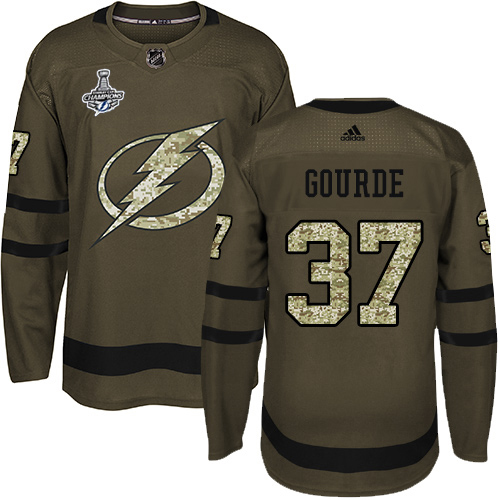 Adidas Tampa Bay Lightning #37 Yanni Gourde Green Salute to Service 2020 Stanley Cup Champions Stitched Jersey Men's