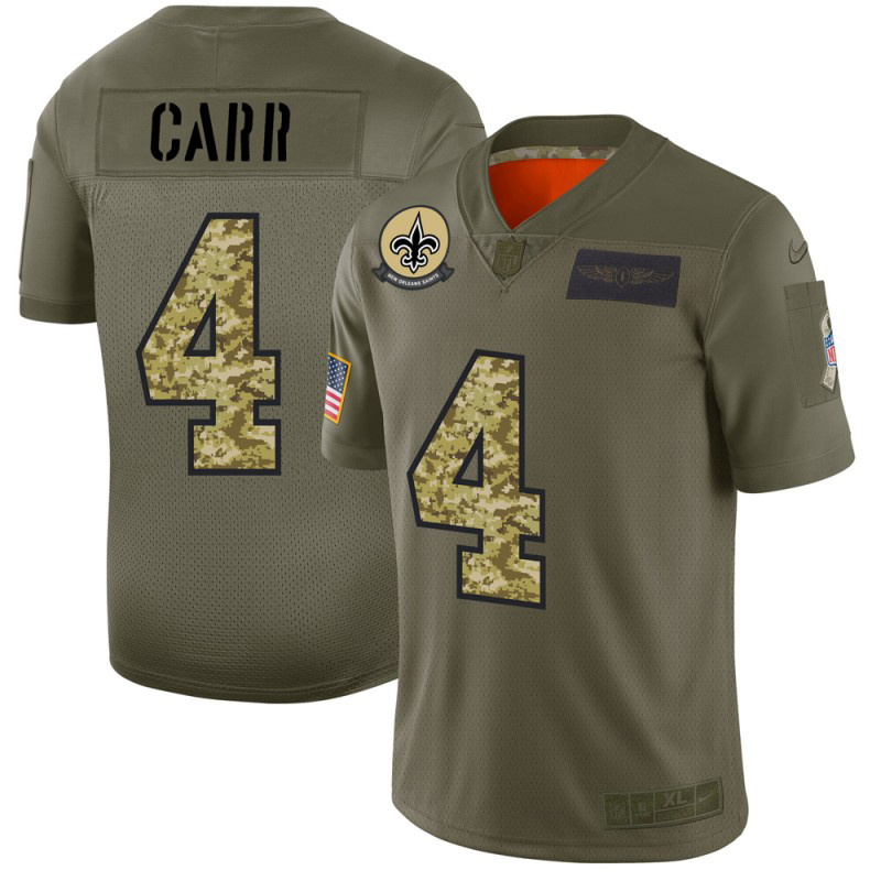 New Orleans Saints #4 Derek Carr Men's 2019 Olive Camo Salute To Service Limited Jersey